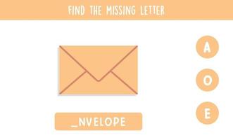 Find missing letter and spelling game concept for kids flat vector illustration.
