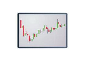 Analyzing falling down and stock market trading graph candlestick chart on tablet flat vector illustration.