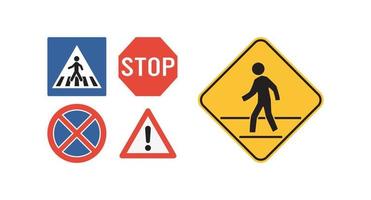 State law stop for pedestrians in crosswalk sign and traffic signs with city road flat vector illustration.