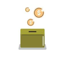 caja de dinero y ahorro de fondos de inversión, ahorro de monedas, concepto de donación ilustración vectorial plana. vector