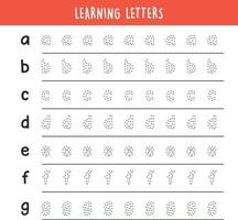 Learning letters writing alphabet and simple handwriting practice flat vector illustration.