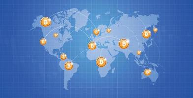 Bitcoin currency on world map and money transfer blue concept crypto currency digital payment system flat vector illustration.