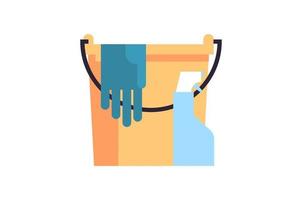 Cleaning equipments and cleaning plastic water bucket, chemical detergent bottle, rubber gloves flat vector illustration.