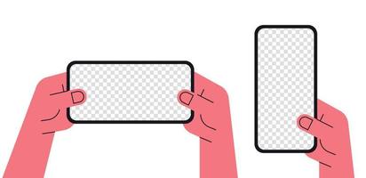 Hand holding smartphone vertical and horizontal devices flat vector illustration.
