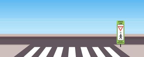 State law stop for pedestrians in crosswalk sign and traffic signs on city road no people concept flat vector illustration.