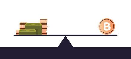 Coins stack and cryptomoney balancing on scale finance concept flat vector illustration.