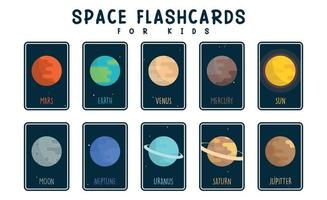 conjunto de tarjetas de planetas de dibujos animados y tarjetas del sistema solar para niños juegan ilustración vectorial plana. vector