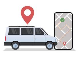 Mobile app concept transportation carsharing service and online order cargo near smartphone screen with gps map flat vector illustration.