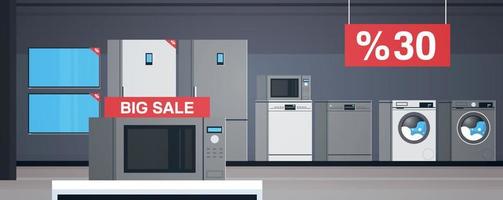 Home appliances store interior and washing machine, refrigerator, variety devices design flat vector illustration.