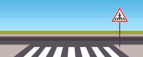 Traffic signs on city road and crosswalk concept flat vector illustration.