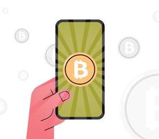 Hand holding smartphone and bitcoin cryptocurrency on device flat vector illustration.