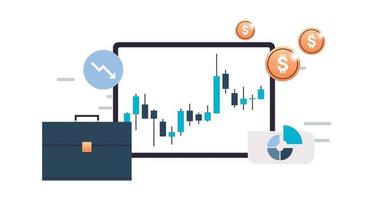 tableta digital que analiza los datos de ventas y el informe anual, el crecimiento económico, el gráfico financiero, la estrategia comercial y la planificación, la ilustración vectorial plana del mercado de valores de marketing digital. vector