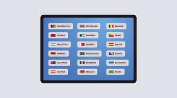 World flags and all world countries flags on smart screen concept flat vector illustration.