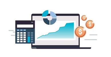 el sistema de gestión de datos con el concepto de análisis empresarial e indicadores clave de rendimiento proporciona información para el análisis de marketing en la ilustración de vector plano de computadora virtual.