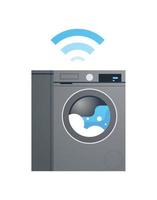 Washing machine and smart control home appliance, future technology automation system flat vector illustration.