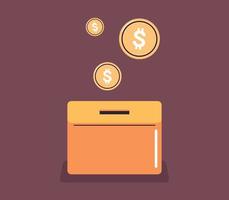 caja de dinero y ahorro de fondos de inversión, ahorro de monedas, concepto de donación ilustración vectorial plana. vector