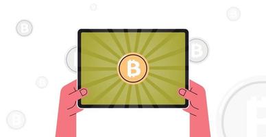 Hand holding tablet computer and bitcoin cryptocurrency on device flat vector illustration