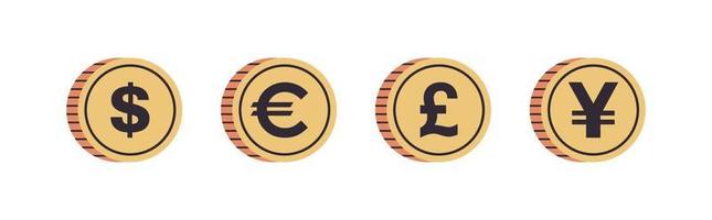 International currency coins and dollar, euro, pound, yen on white background horizontal full length flat vector illustration.