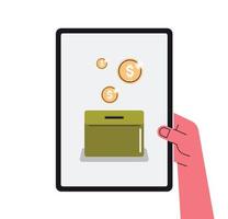 caja de dinero y ahorro de fondos de inversión, ahorro de monedas, concepto de donación ilustración vectorial plana. vector