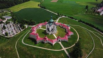 Aerial view of Pilgrimage church or St. John of Nepomuk at Zelena Hora video
