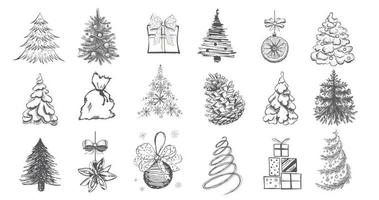 Christmas tree set. Christmas ball set. Hand drawn illustration.