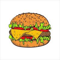 colorido menú de hamburguesas con hamburguesa, boceto dibujado a mano con hamburguesa con queso. comida rápida con pan, carne, hamburguesa vegetal, aro de cebolla, lechuga, salsa, vector aislado en fondo blanco