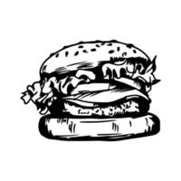 menú de hamburguesas de croquis dibujado a mano con hamburguesa, hamburguesa con queso. comida rápida con carne, hamburguesa vegetal, aro de cebolla, lechuga, salsa, línea vectorial aislada en fondo blanco vector