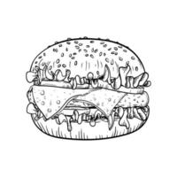 menú de hamburguesas con hamburguesa, boceto dibujado a mano con hamburguesa con queso. comida rápida con pan, carne, hamburguesa vegetal, aro de cebolla, lechuga, salsa, línea vectorial aislada en fondo blanco