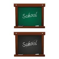 Realistic set of green and black board with wooden frame. Back to school text. Empty school board for class or restaurant menu. Chalkboard vector template for design