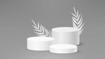 escena de podio de exhibición de producto de fondo 3d gris claro con plataforma geométrica de hoja. soporte para mostrar el producto cosmético. escaparate de escenario de papel realista sobre fondo monocromático de pantalla de pedestal. vector