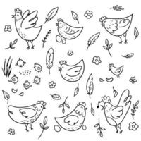 Vector sketch hand drawn doodle images of chickens, hens, roosters, eggs, feathers in cartoon style, line art. Elements for the eco design of the cover of food packaging, advertising banner, postcard