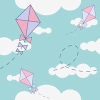 Pattern on colorful blue sky background. Kite in a cloudy sky. Sport kids background. Seamless vector children cute pattern