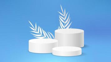 White and blue 3d background product display podium scene with leaf geometric platform. Stand to show cosmetic product. Realistic paper leaves stage showcase on pedestal display pastel backdrop. vector