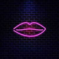 Lips fashion neon sign. Night bright signboard, glowing light banner. Summer logo, emblem. The concept of a club or bar on a dark brick wall background. vector