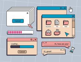 un conjunto de elementos de interfaz de usuario, temas ui y ux. al estilo vaporwave de los años 80-90, collage retro. ilustración vectorial de ventanas e iconos. vector