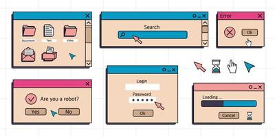A set of user interface elements, UI and UX themes. In the vaporwave style of the 80-90s, retro collage. Vector illustration of windows and icons .