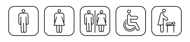 Set of toilet navigation icons. Wayfinding wc female male for disabled and mother and child room. Vector illustration