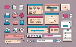 A set of user interface elements, UI and UX themes. In the vaporwave style of the 80-90s, retro collage. Vector illustration of windows and icons .