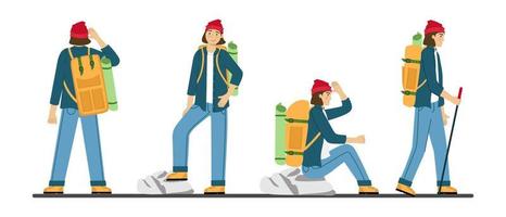 Set man traveler is engaged in hiking Hiking with a backpack A tourist in the mountains Vector illustration