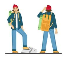 Set man traveler is engaged in hiking Hiking with a backpack A tourist in the mountains Vector illustration