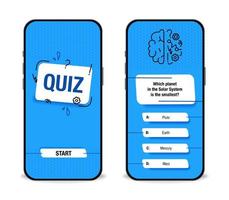 The template of the mobile application interface for the quiz on a blue background. Test, exam, questions and answers for a TV show. Vector illustration of EPS10