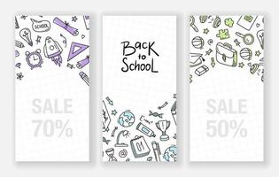 regreso a la escuela conjunto de elementos de doodle de banner. carteles de venta y promociones. ilustración vectorial en estilo de línea. vector