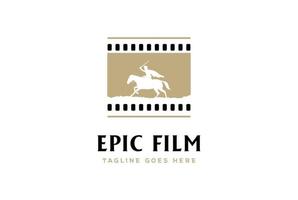 Film Strip Reel Horse Knight Silhouette Medieval Warrior Horseback bring War Sword for Epic Colossal Movie Cinema Production Logo Design Vector
