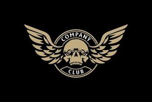 cabeza de hueso de cráneo retro vintage con alas para el vector de diseño del logotipo del emblema de la insignia del club de motocicletas