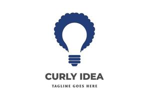 cabello rizado inteligente minimalista simple con bombilla de luz para vector de diseño de logotipo de innovación de idea inteligente