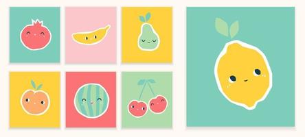 tarjetas con frutas sobre un fondo de color en un estilo moderno. lindo limón, sandía, plátano, melocotón con caras. ilustración infantil vector