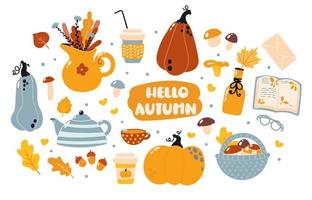 A set of autumn items in a cute cartoon style. Vector illustration of a group of objects, For the design of autumn holidays