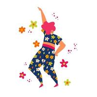 A cheerful dancing woman with flowers. Colorful vector illustration. Happy girl in a trendy style