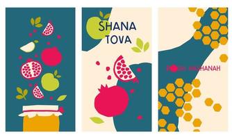 Rosh Hashanah poster set. Pomegranates and apples with honey for the Jewish New Year. Modern style vector