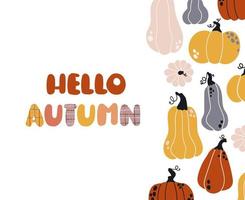 bonita tarjeta de bienvenida hola otoño. patrón de calabaza
